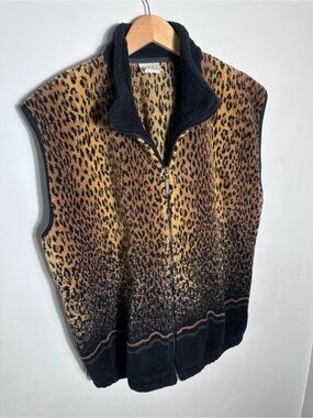 90s Vintage Duffel Outdoor Leopard Print Zip Fleece Vest